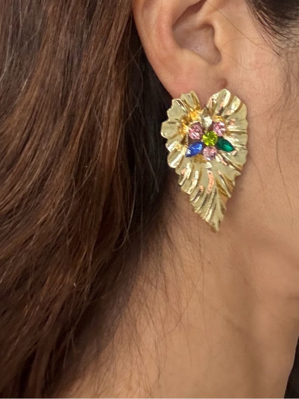 Zara Gold Leaf Earrings with Pink, Blue & Green Crystal Accents